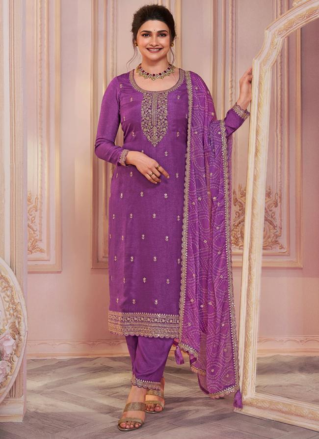 Silk Georgette Purple Festival Wear Embroidery Work Straight Suit